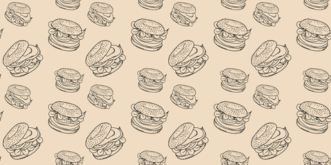 Bagel sandwich seamless pattern. Food background. Suitable for wallpapers, web pages, surface textures, textiles. Line style and hand drawn and doodle style. Vector illustration
