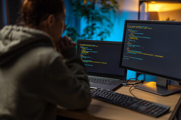 Back view of female IT-specialists working on two modern computers during evening time at home....