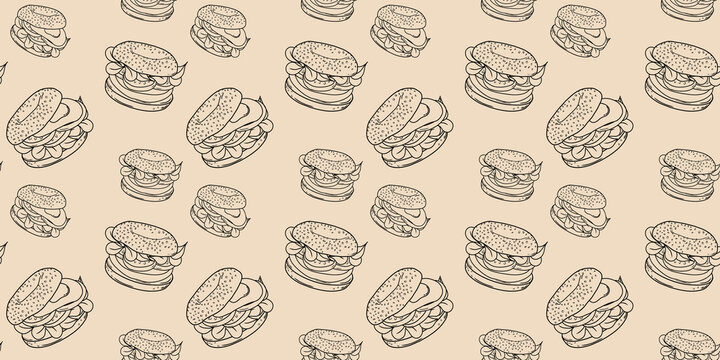 Bagel sandwich seamless pattern. Food background. Suitable for wallpapers, web pages, surface textures, textiles. Line style and hand drawn and doodle style. Vector illustration © Tetiana Kasatkina