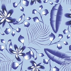 Fototapeta na wymiar Simple nature floral background. Seamless pattern with hand drawn abstract hibiscus flowers and tropical banana palm leaves. Contour drawing. Fashion design for textile or wrapping, any surface