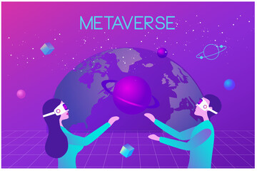 Metaverse digital virtual reality and augmented reality technology, couple wearing virtual reality headset glasses connecting to virtual space and universe vector illustration


