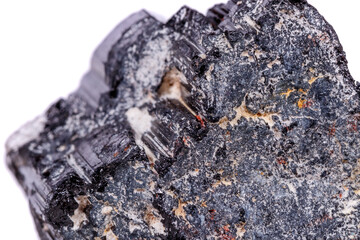 macro mineral stone sherle, schorl, black tourmaline on white background