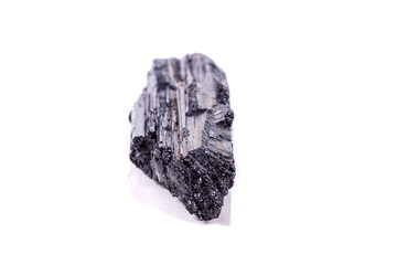macro mineral stone sherle, schorl, black tourmaline on white background