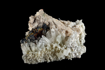 macro stone mineral Calcite Galena pyrite on a black background