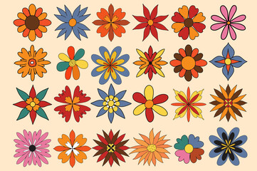 Retro flower 70s set. Flower power vintage collection. Vector illustration