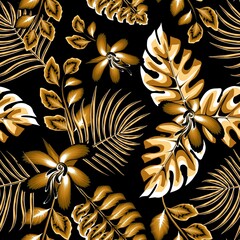 Beautiful seamless floral pattern with watercolor summer hibiscus flowers plants and monstera palm leaves on night background. Floral background. Exotic tropics. Summer design. fashionable texture