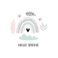 hello spring. Cartoon rainbow, flowers, hand drawing lettering, decoration elements. colorful spring vector illustration, flat style. design for print, greeting card, poster decoration, cover