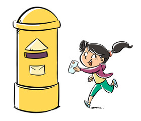 Illustration of little girl carrying a letter to the mailbox