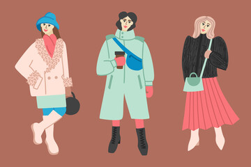 Set of flat illustrations of women in casual winter clothes and shoes. Girls in fashionable casual and business style clothes, fur coat, oversize coat, high boots, shoulder bags