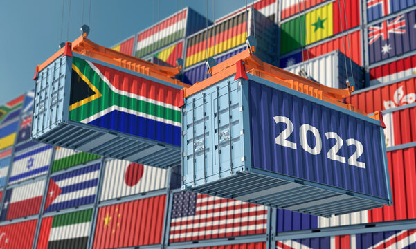 Trading 2022. Freight container with South Africa national flag. 3D Rendering © Marius Faust