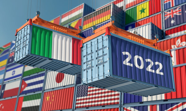 Trading 2022. Freight container with Italy national flag. 3D Rendering © Marius Faust