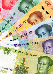 Banknotes of Chinese money with portrait of Mao Zedong
