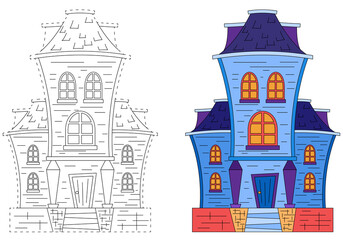Fototapeta premium An old wooden house. Coloring book for children. Practice of handwriting. Education Development Worksheet.