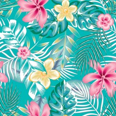 Naklejka premium Flower and leaves tropical exotic seamless pattern colorful fabric texture print repeated. Exotic beige frangipani, abstract hibiscus floral elements, palm leaves tropic blue and branches on pastel