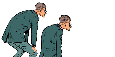 A businessman is looking at something, the pose of a man in a suit. Interest reading announcement