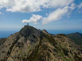 Panorama aerial drone landscape of Monte Capanne, highest moutain on Elba with green landscape and...