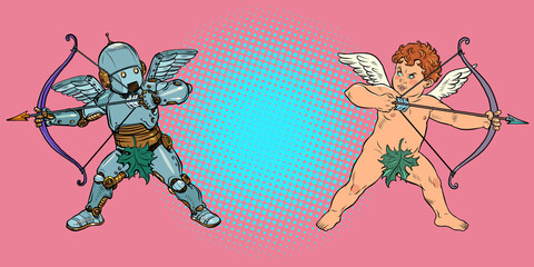 Robot and Baby angel Cupid with a bow and arrow, a mythical character of love