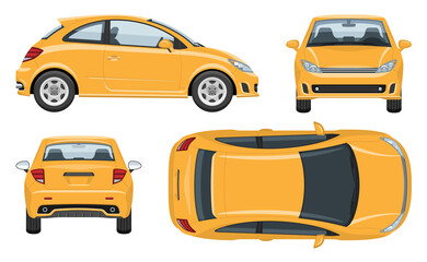 Car vector template with simple colors without gradients and effects. View from side, front, back, and top