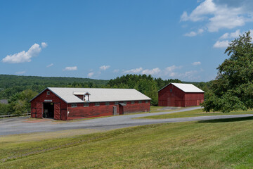 Obraz premium Two Red Barns on Grassy Field