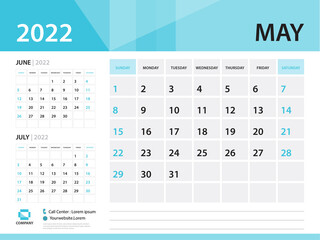 Calendar 2022 template, May 2022 year, Desk Calendar 2022 vector, Blue Calendar design, Week Start On Sunday, Wall calendar 2022 design, sample Planner, Stationery, Poster, printing media, vector