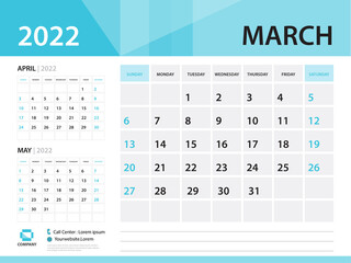 Calendar 2022 template, March 2022 year, Desk Calendar 2022 vector, Blue Calendar design, Week Start On Sunday, Wall calendar 2022 design, sample Planner, Stationery, Poster, printing media, vector