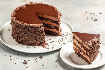 Delicious chocolate cake. Layered chocolate cake. banner, menu, recipe place for text, top view