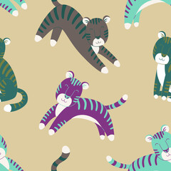 Fototapeta na wymiar colorful violet blue green brown tiger wild cat seamless pattern on yellow background