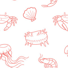 coral color line sea animals seamless pattern on white background shrimp crab and sea cucumber and jellyfish and seashell