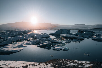 Aerial drone panorama of famous lake Joekulsarlon glacial lagoon and diamond beach with its...