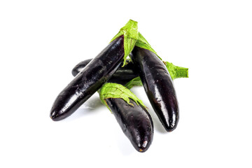 Freshly harvested mini eggplant on isolated white background
