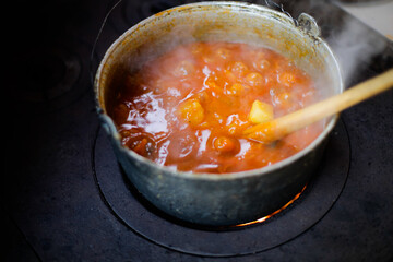 Cast iron cauldron boiling a goulash stew over a wood burning stove made from red bricks in the backyard of a rural house in Romania.