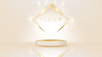 Realistic cream color podium for product display with golden line elements and light effects.