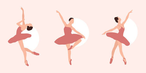 Bundle of woman demonstrating various dance positions isolated on light background. Colorful flat vector illustration. Woman who dance. Dancer. Classical dance