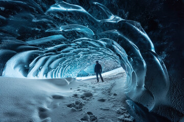 Blue crystal ice cave entrance with tourist climber and an underground river beneath the glacier located in the Highlands in Iceland