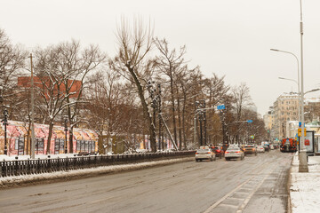 Moscow, Russia, Dec 16,2021: Cloudy day at Tverskoy boulevard, Traffic.