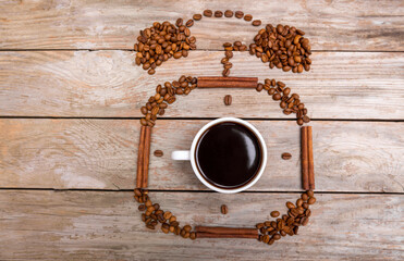 Alarm clock and coffee concept illustration on wooden background. Morning with coffee and coffee time concept