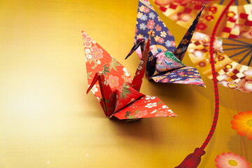 Congratulations red and blue paper cranes