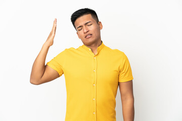 Young Ecuadorian man isolated on white background with tired and sick expression