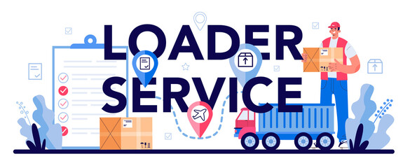 Loader service typographic header. Stevedore in uniform carrying a cargo.