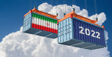 Trading 2022. Freight container with Iran national flag. 3D Rendering 
