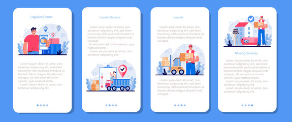 Loader service mobile application banner set. Stevedore in uniform