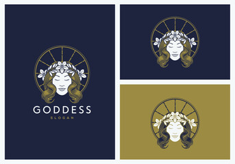 Goddess with botanical crown vector logo