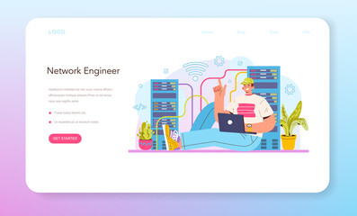 Network engineer web banner or landing page. Specialist setting up