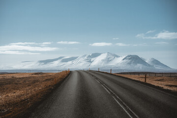 Street Highway Ring road No.1 in Iceland, with view towards mountain. Southern side if the country. Road trip travel concept.