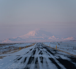 Street Highway Ring road No.1 in Iceland, with view towards mountain. Southern side of the country.