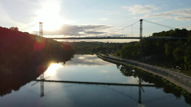 Aerial shot the city Zhytomyr. Pedestrian suspended bridge r. Teteriv. Ukraine
