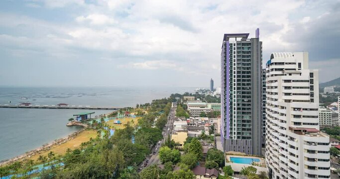 Timelapse aerial view of beautiful seaside of Sriracha town in Chon Buri, Thailand