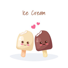 Cute Chocolate and Vanilla flavor ice cream isolated on white background. Kawaii food vector illustration for summer menu, textile print, stickers. Happy adorable characters. Light colors drawing.