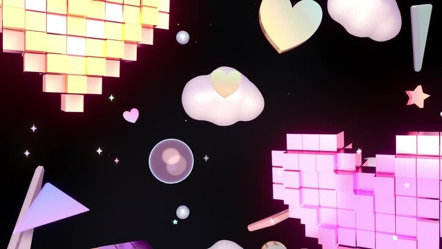 Looped flashing rainbow voxel hearts with various geometric objects flying in the dark animation.