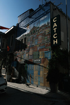 A building with a wall made of graffiti in Fatih, istanbul. Editorial shot in Istanbul.